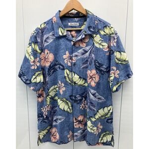 Tommy Bahama Shirt Mens Large Blue Silk Blend Hawaiian Floral Camp Coolmax